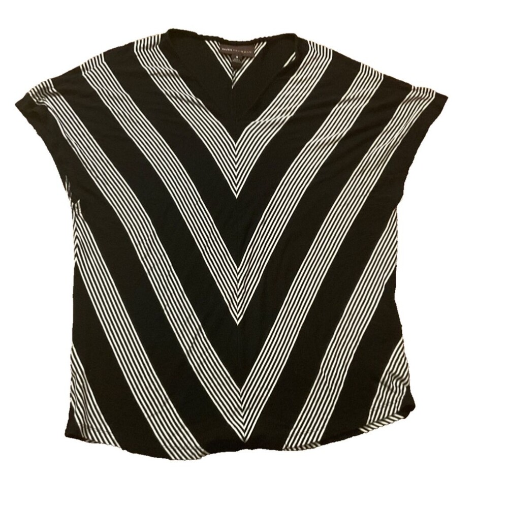 Dana Buchman Top Women’s Medium Black White Stripe V neck Short Sleeves